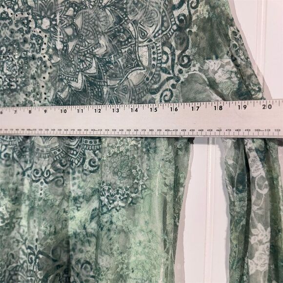 Cal Style Green Mandala Print Mesh Tunic Top Asymmetrical Hem Sheer Boho Small - Picture 5 of 10